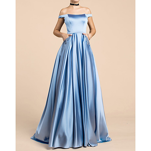 

A-Line Off Shoulder Floor Length Satin Elegant / Blue Engagement / Prom Dress with Sequin 2020