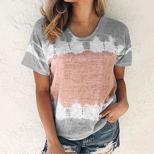 

Women's Causal Daily T-shirt - Geometric / Color Block Wine / Crew Neck / Summer