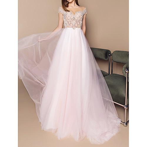 

A-Line Illusion Neck Court Train Tulle Luxurious / Pink Engagement / Formal Evening Dress with Crystals / Beading / Sequin 2020