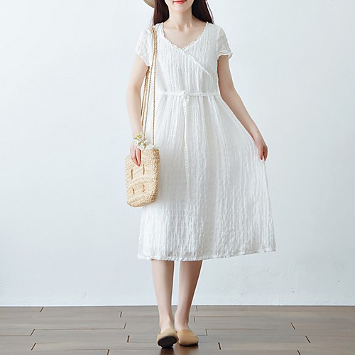 

Women's White Dress Loose Solid Color V Neck M L Loose