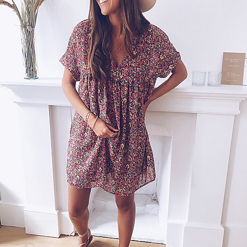 

Women's Wine Dress Beach A Line Floral Deep V Floral Chiffon S M
