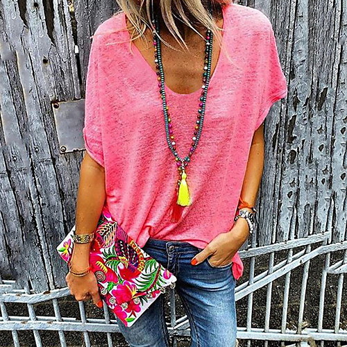 

Women's Daily Casual Loose T-shirt - Solid Colored Yellow / Summer / V Neck