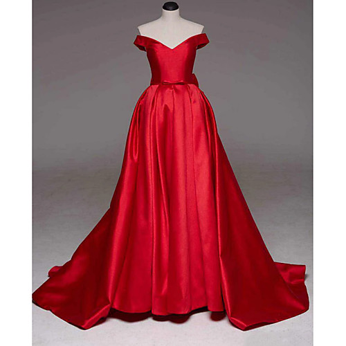 

Ball Gown Off Shoulder Court Train Satin Sexy / Red Quinceanera / Formal Evening Dress with Bow(s) / Pleats 2020
