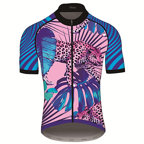 

21Grams Men's Short Sleeve Cycling Jersey BluePink Leopard Animal Floral Botanical Bike Jersey Top Mountain Bike MTB Road Bike Cycling UV Resistant Breathable Quick Dry Sports Clothing Apparel