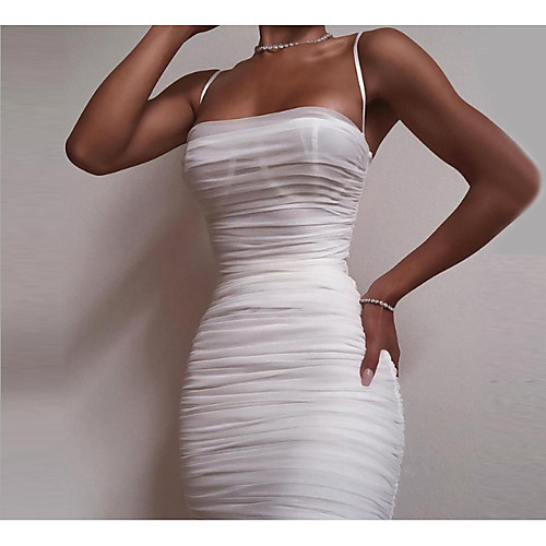 

Women's Mini White Dress Bodycon Solid Color Strap S M Slim