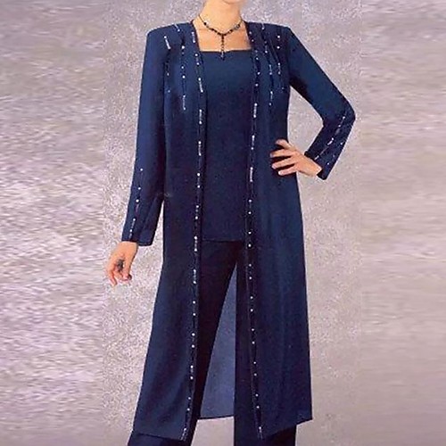 

Pantsuit / Jumpsuit V Neck Floor Length Polyester / Chiffon Long Sleeve Elegant Mother of the Bride Dress with Sequin Mother's Day 2020