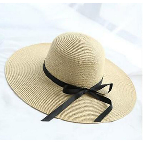

Women's Basic Straw Sun Hat-Color Block Solid Colored Khaki White Black