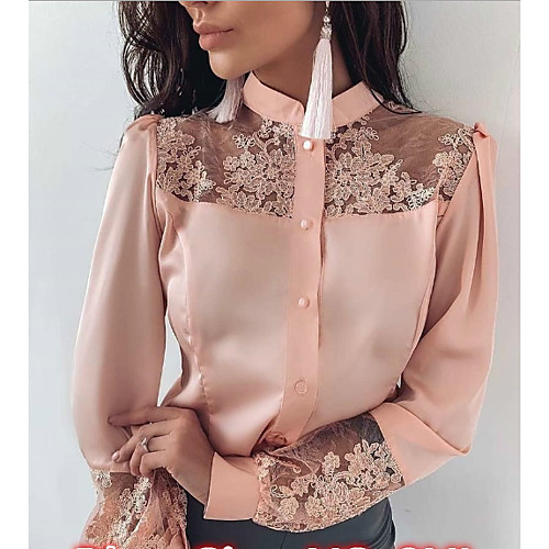 

Women's Daily Vacation Shirt - Solid Colored Lace / Embroidered / Mesh Blushing Pink / Satin / Spring / Summer