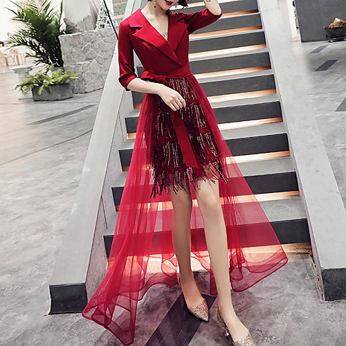 

Sheath / Column V Neck Asymmetrical Tulle / Sequined Hot / Red Prom / Party Wear Dress with Sequin / Tassel 2020