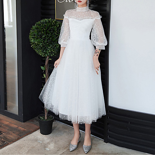 

A-Line High Neck Tea Length Tulle Retro / White Graduation / Cocktail Party Dress with Pleats 2020 / Illusion Sleeve