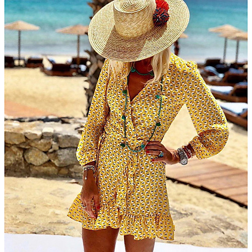

Women's Yellow Dress A Line Print V Neck S M