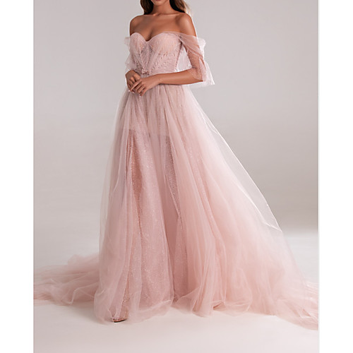 

A-Line Sweetheart Neckline Court Train Tulle Elegant / Pink Engagement / Formal Evening Dress with Bow(s) / Pleats 2020