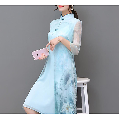 

Women's Light Blue Dress Sheath Floral Shirt Collar S M