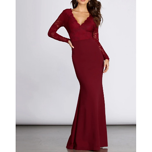 

Mermaid / Trumpet V Neck Floor Length Polyester / Lace Elegant / Red Formal Evening / Wedding Guest Dress with Pleats 2020