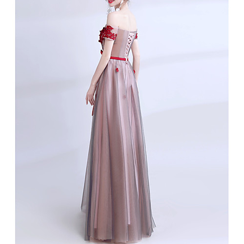 

A-Line Off Shoulder Floor Length Tulle Bridesmaid Dress with Appliques