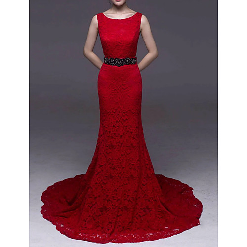 

Mermaid / Trumpet Jewel Neck Court Train Lace Elegant / Red Engagement / Formal Evening Dress with Beading / Appliques 2020