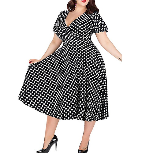 

Women's Wine White Dress Swing Polka Dot V Neck L XL Loose