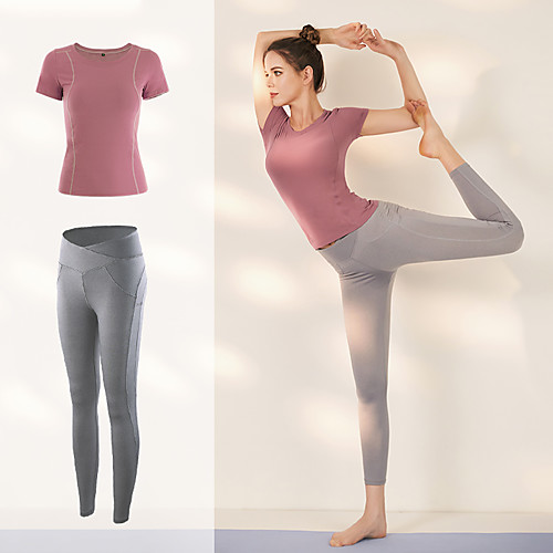 

Women's 2pcs Tracksuit Yoga Suit Winter Solid Color Dark Pink Black / Yellow Yellow Elastane Yoga Running Fitness Tee / T-shirt Leggings Short Sleeve Sport Activewear Breathable Moisture Wicking Butt