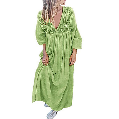 

Women's Maxi Wine Yellow Dress Shift Solid Color V Neck L XL Loose