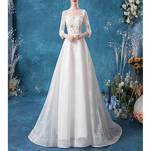 

A-Line Jewel Neck Court Train Chiffon / Tulle 3/4 Length Sleeve Formal Plus Size / Illusion Sleeve Wedding Dresses with Draping / Lace Insert / Appliques 2020