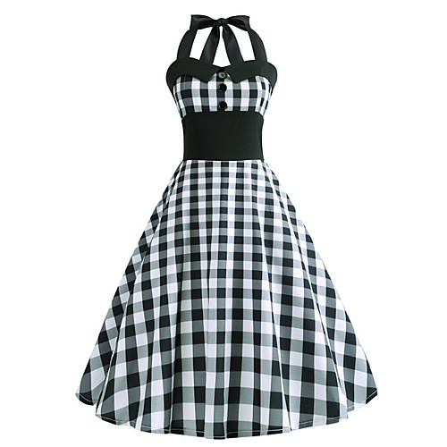 

Women's Black Dress A Line Check Halter Neck V Neck S M