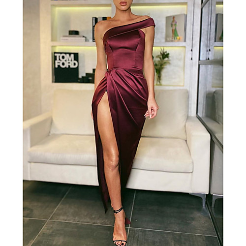 

Sheath / Column One Shoulder Floor Length Polyester Sexy / Red Engagement / Formal Evening Dress with Draping / Split 2020