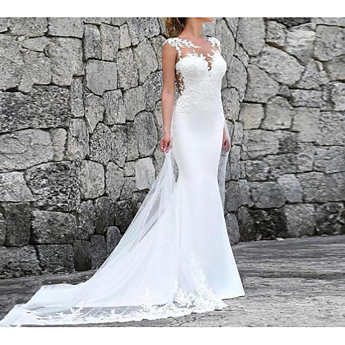 

Mermaid / Trumpet Jewel Neck Court Train Polyester Sleeveless Country Plus Size Wedding Dresses with Lace Insert / Appliques 2020