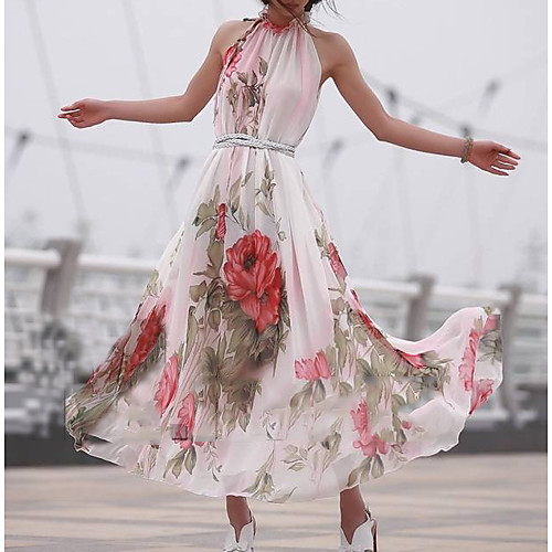 

Women's Maxi Blushing Pink Dress Swing Floral Crew Neck One-Size
