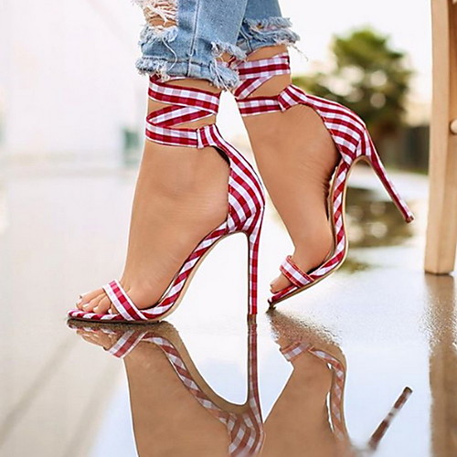 

Women's Sandals Stiletto Heel Round Toe Canvas Summer Black / Red / Blue
