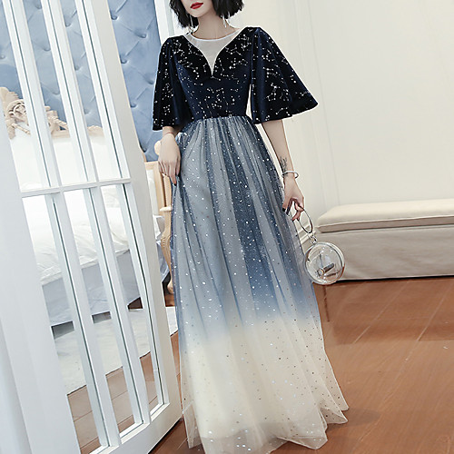 

A-Line Illusion Neck Floor Length Tulle / Velvet Color Block / Blue Prom / Formal Evening Dress with Sequin 2020