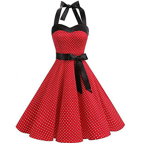 

Women's Red White Dress Loose Polka Dot Halter Neck S M