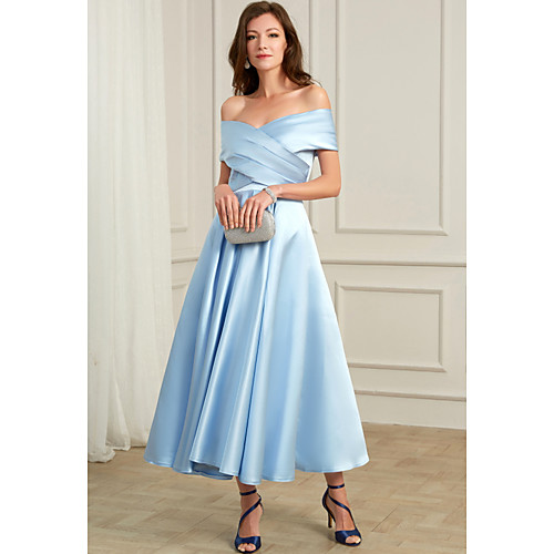 

A-Line Off Shoulder Ankle Length Chiffon Sexy / Blue Cocktail Party / Wedding Guest Dress with Pleats 2020