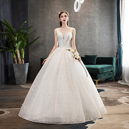 

Ball Gown V Neck Floor Length Polyester / Lace / Tulle Sleeveless Formal / Romantic / Sexy Wedding Dresses with Beading 2020