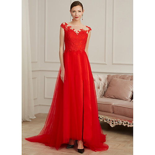 

Sheath / Column Illusion Neck Sweep / Brush Train Lace / Tulle Elegant / Red Engagement / Formal Evening Dress with Appliques / Split 2020