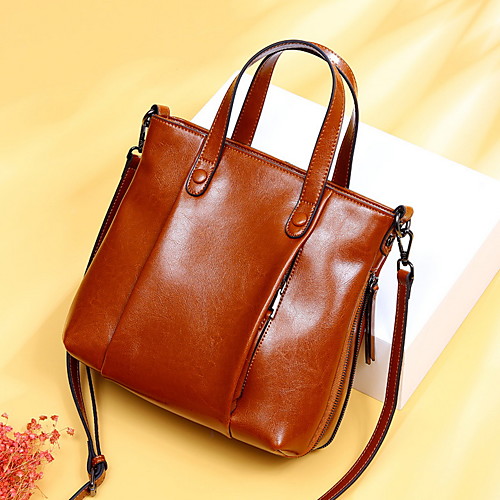 

Women's Zipper Cowhide Top Handle Bag Solid Color Black / Brown