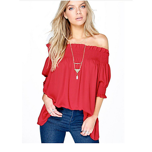 

Women's Daily Loose Blouse - Solid Colored Off Shoulder Red