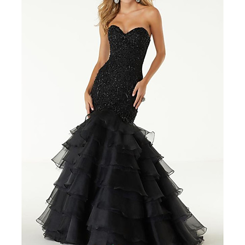 

Mermaid / Trumpet Sweetheart Neckline Sweep / Brush Train Polyester Sleeveless Country Plus Size / Black Wedding Dresses with Appliques / Cascading Ruffles 2020