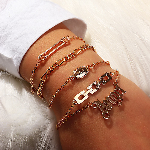 

5pcs Women's Vintage Bracelet Bracelet Layered Alphabet Shape Classic Vintage Bohemian Trendy Fashion Alloy Bracelet Jewelry Gold For Gift Date Birthday Festival