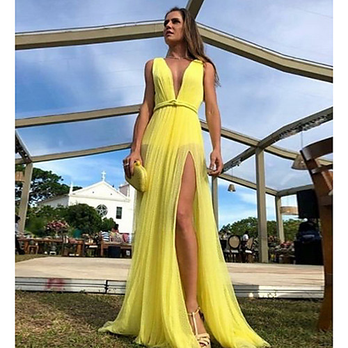 

Women's Maxi Yellow Dress Swing Solid Color Deep V S M