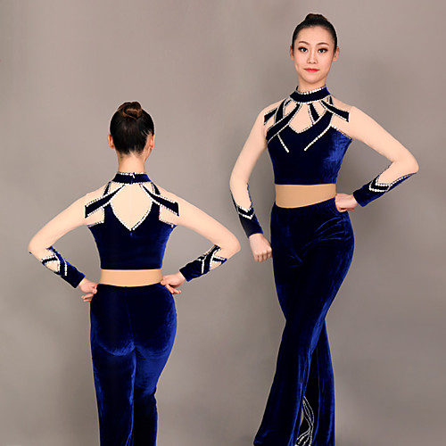 

Cheerleader Costume Gymnastics Suits Women's Girls' Kids Pants / Trousers Spandex High Elasticity Handmade Patchwork Long Sleeve Competition Dance Rhythmic Gymnastics Gymnastics Dark Blue