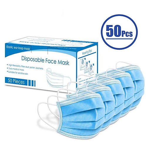 

50 pcs Face Mask Disposable Protection 3 Layers In Stock Nonwoven Melt Blown Fabric Filter CE Certification Waterproof Carrying High Quality Blue