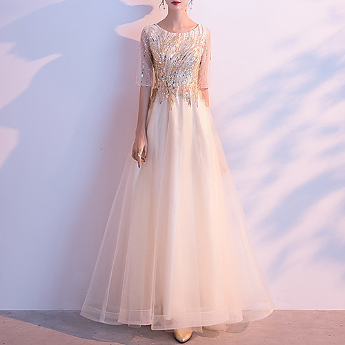 

A-Line Jewel Neck Floor Length Tulle Sparkle / Elegant Prom / Formal Evening Dress with Appliques 2020