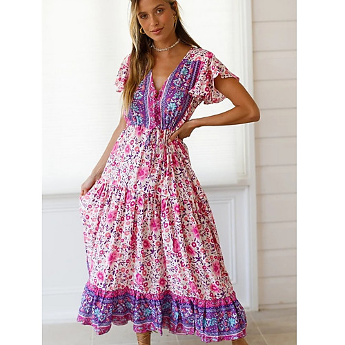 

Women's Maxi Blushing Pink Dress A Line Print V Neck S M