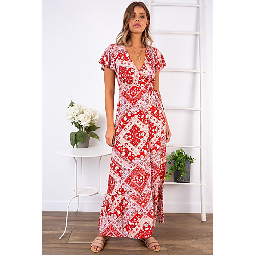 

Women's Maxi Red Dress A Line Print Deep V S M