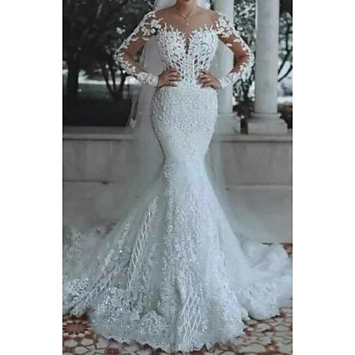

Mermaid / Trumpet V Neck Floor Length Polyester / Lace Long Sleeve Country / Casual Plus Size / Illusion Sleeve Wedding Dresses with Draping / Appliques 2020