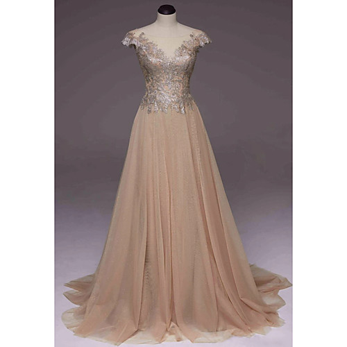 

A-Line Illusion Neck Sweep / Brush Train Polyester Elegant / Luxurious Engagement / Prom Dress with Pleats / Appliques 2020