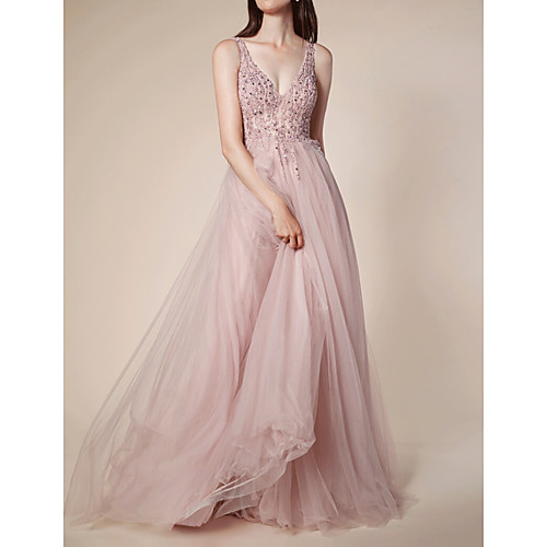 

A-Line V Neck Sweep / Brush Train Tulle Elegant / Pink Engagement / Prom Dress with Pleats / Beading 2020