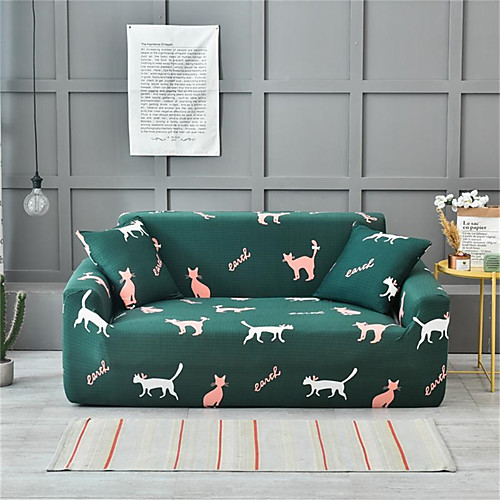 

Green Pet Cat Print Dustproof All-powerful Slipcovers Stretch Sofa Cover Super Soft Fabric Couch Cover with One Free Pillow Case