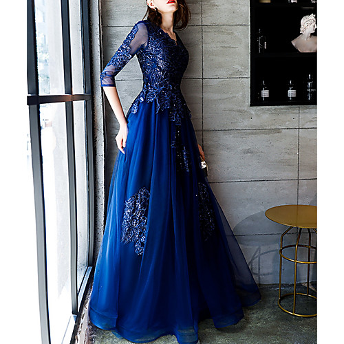 

A-Line V Neck Floor Length Polyester Elegant / Blue Formal Evening / Party Wear Dress with Appliques 2020
