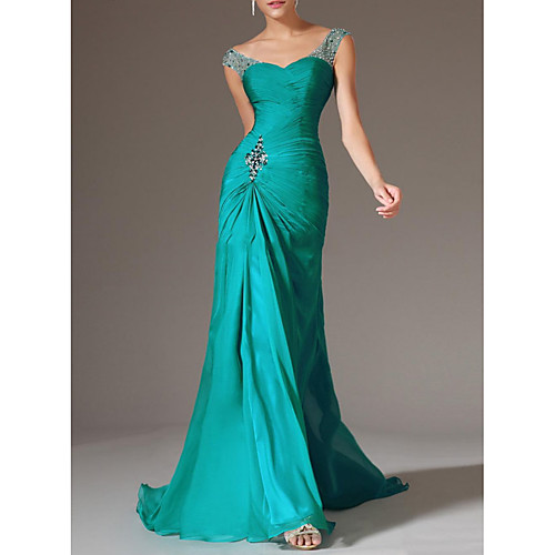 

Mermaid / Trumpet Scoop Neck Court Train Polyester Elegant / Turquoise / Teal Engagement / Formal Evening Dress with Crystals / Draping 2020